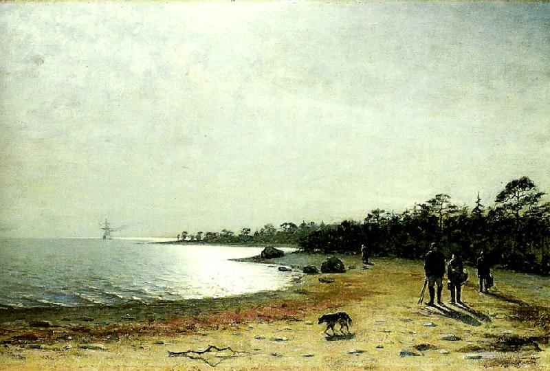 Eugene Jansson kustlandskap med figurer och hund pa sandstrand Germany oil painting art